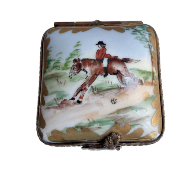 French Artist Signed Hand Painted Limoges Box with Hunting Scene