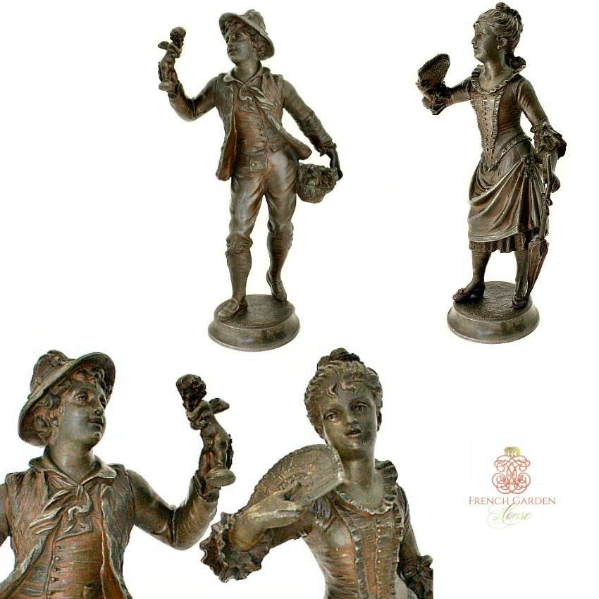 Captivating Antique French Peddler &amp; Young Woman with Fan Metal Figures