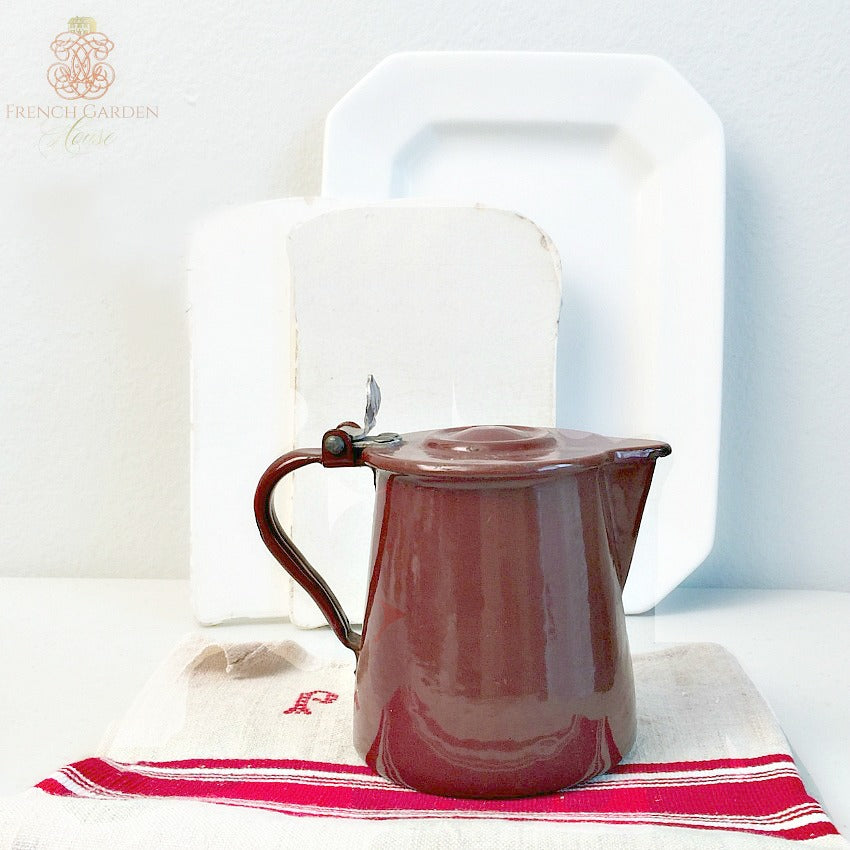 Antique French Country Brown Enamelware Pitcher
