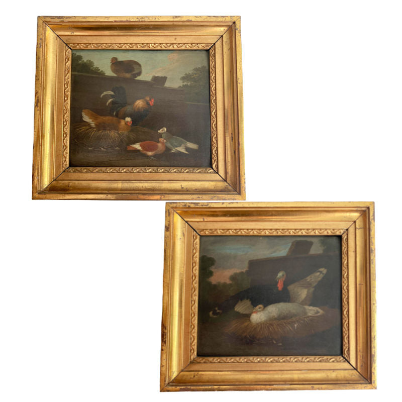Pair of French Country antique 1800 oil paintings of birds on their nests, in a farmyard.