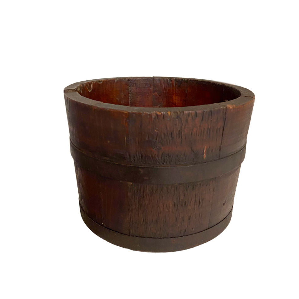 Antique Metal Bound Oak Bucket with Dark Brown Patina