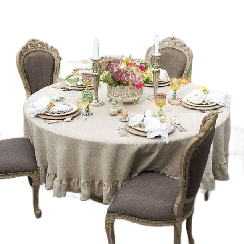 French COuntry Linen natural round ruffled tablecloth