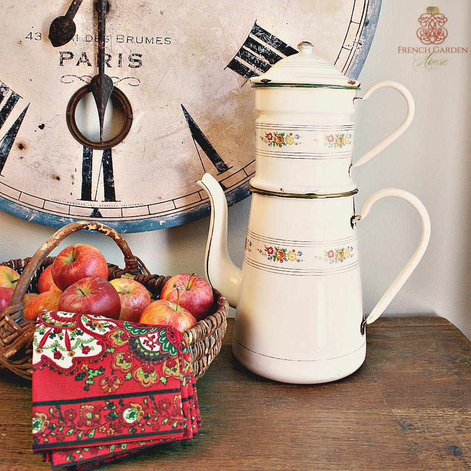 Antique French Cream Enamelware Biggin Coffeepot Large