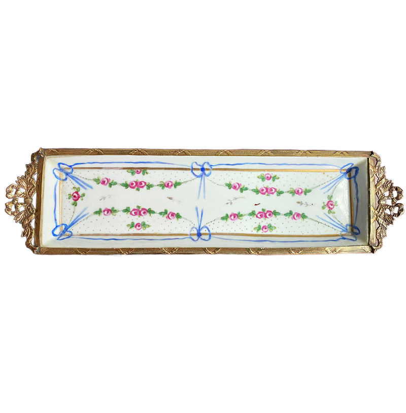 Limoges Hand Painted Rose Garlands Gilt Mounted Tray