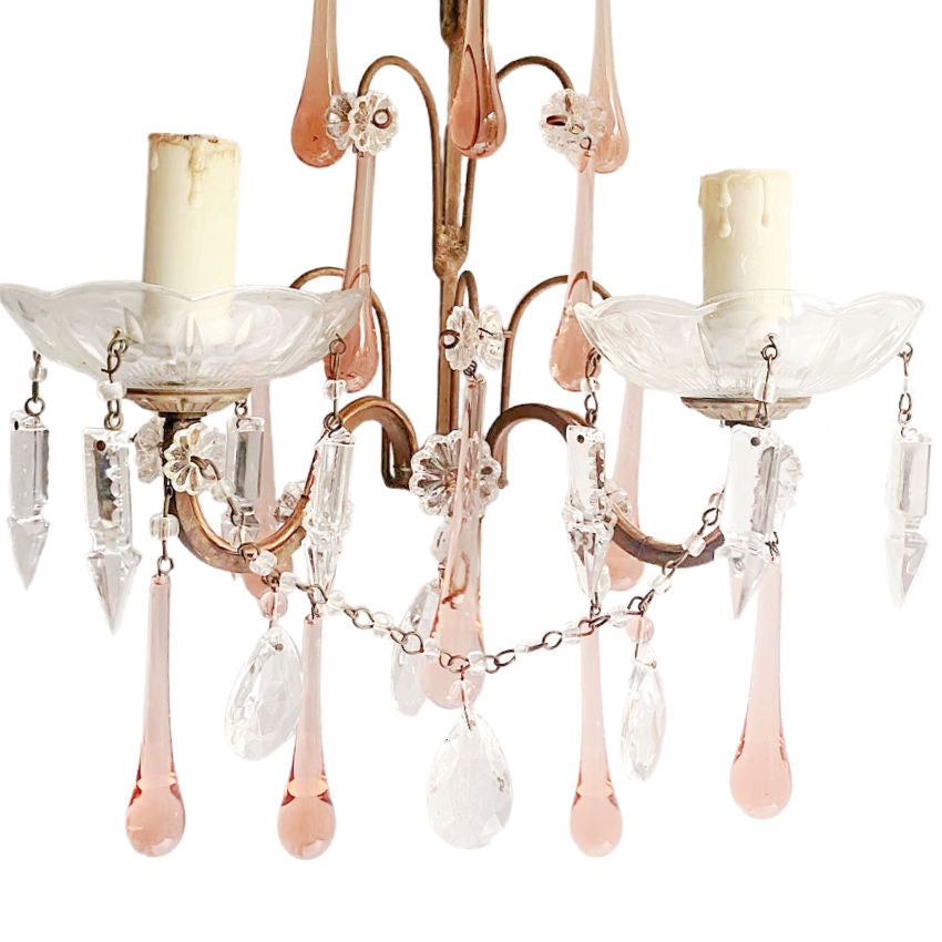 Pair Antique French Two Light Pink Apricot Crystals Wall Lights