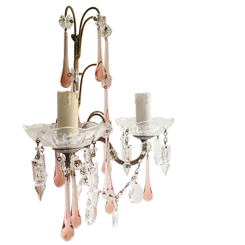 Pair Antique French Two Light Pink Apricot Crystals Wall Sconces