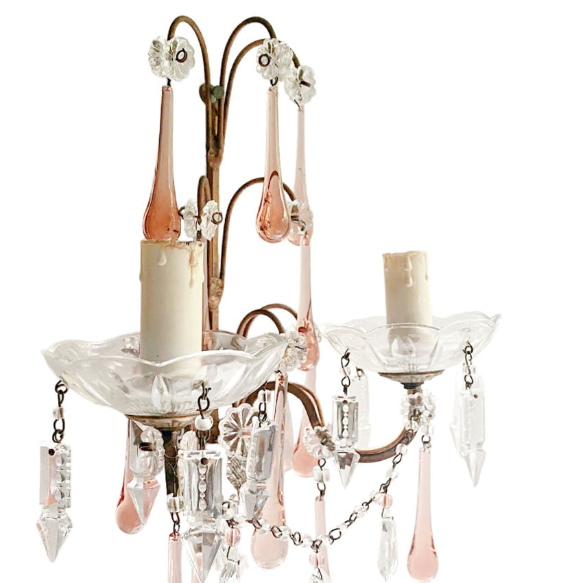 Antique two light wall sconces with pink orignal crystal drops