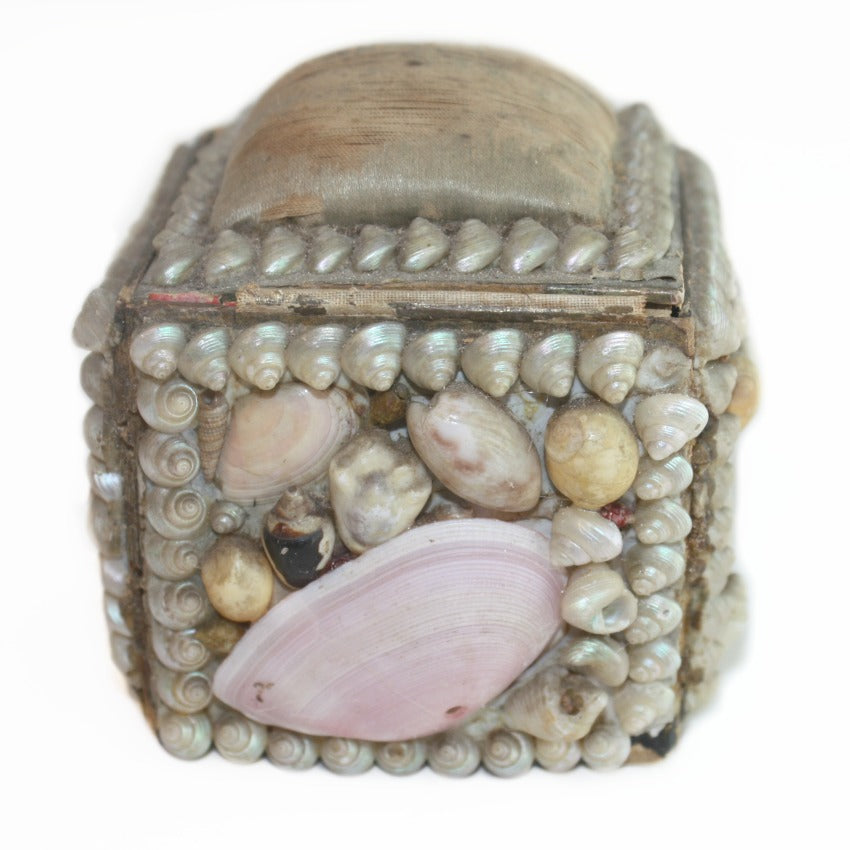 antique french shellwork box with worn original pin cushion