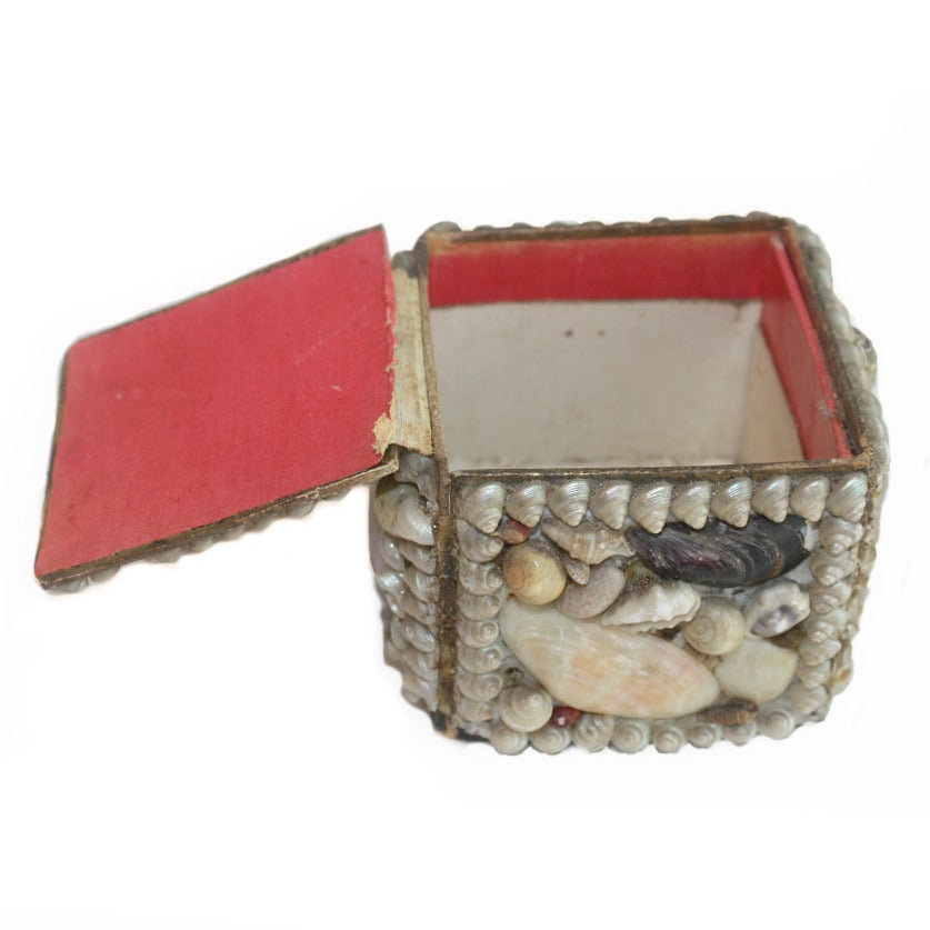19th century shell decorated trinket box with pink lining