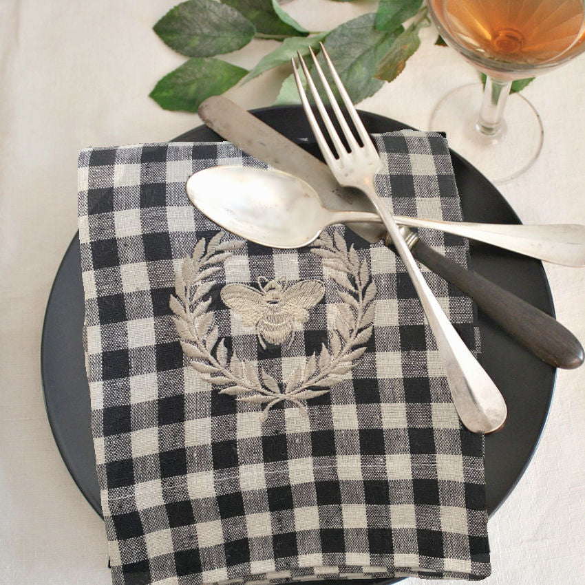 Black &amp; White Checked Linen Towel with French Bee