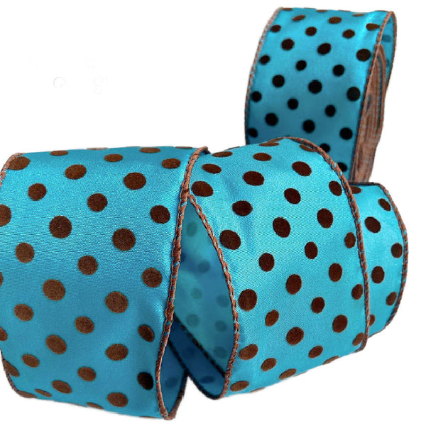 Luxury French Wired Turquoise Ribbon Brown Dots - frenchgardenhouse