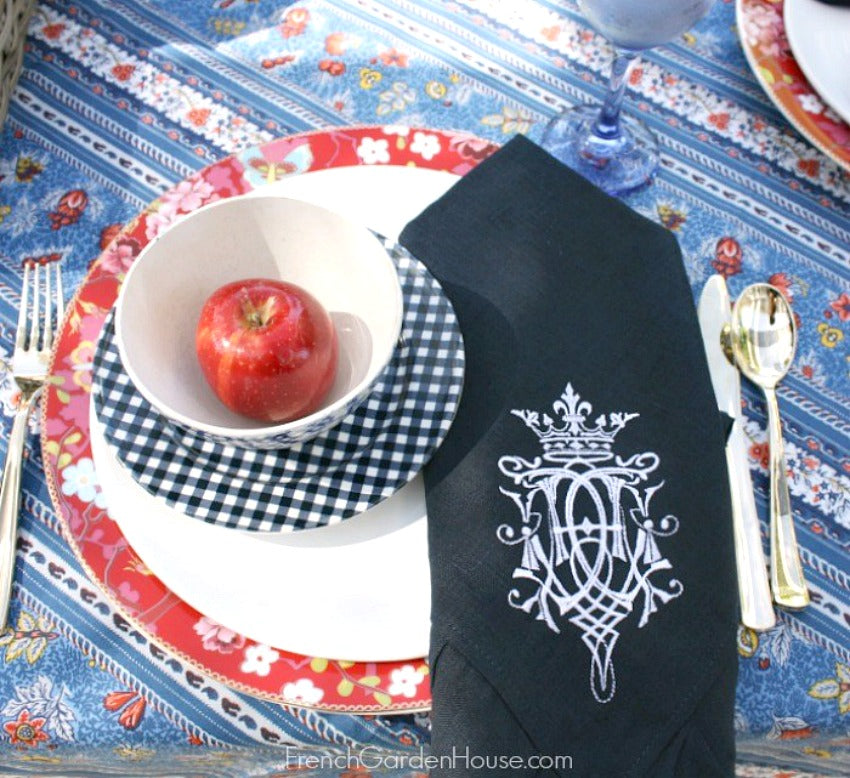 Navy Blue Linen Royal Crest Ruffled Napkin Set of 6