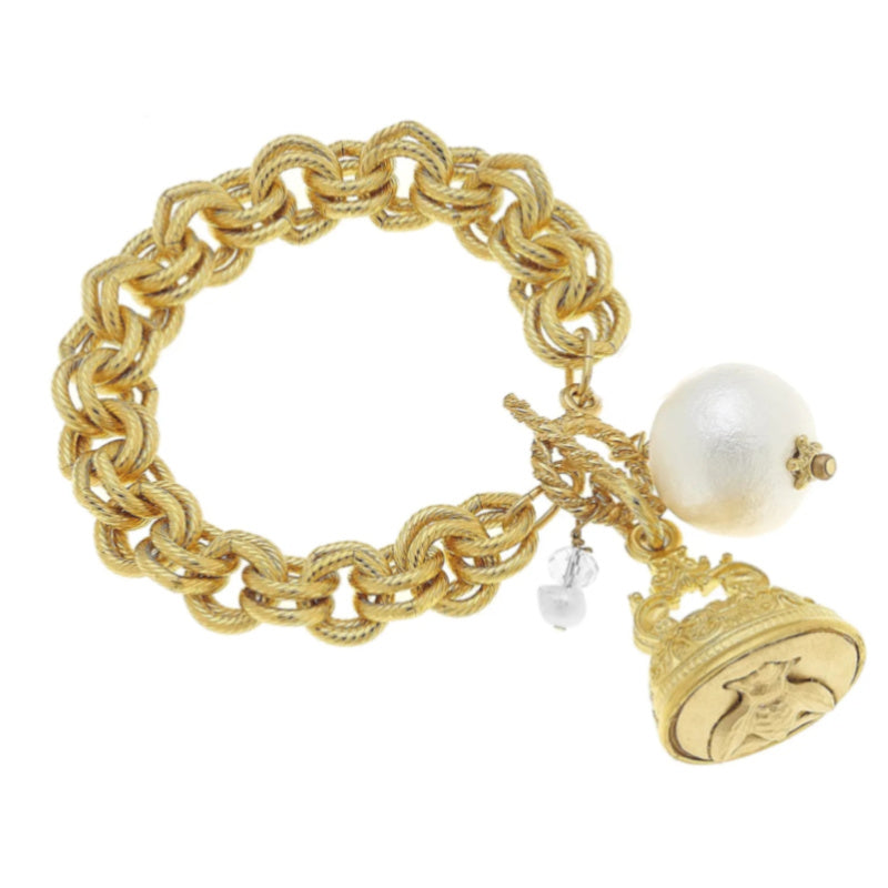 Gold Bee Fob with Cotton Pearl Bracelet