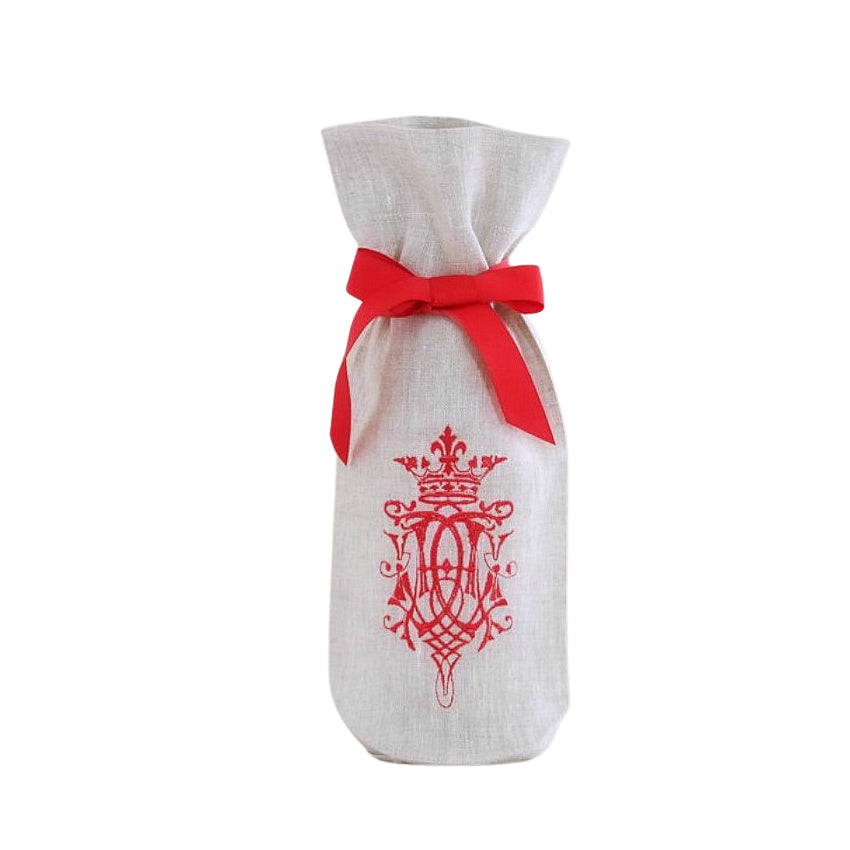 Luxury French linen Wine bag with red embroidery