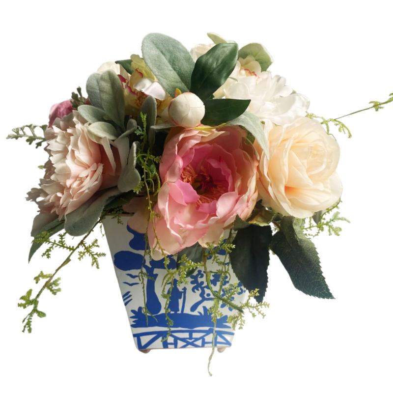 French Peonies In Chinoiserie Blue &amp; White Jardiniere