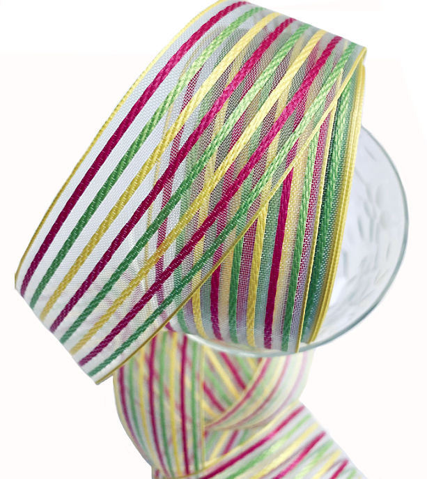 French wired striped ribbon with yellow, green and pink for gifts and home decor.