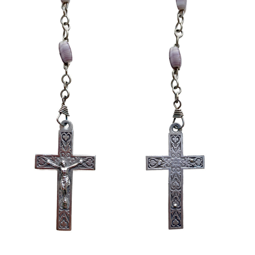 Hand-molded faceted glass beads rosary vintage collectible silver cross
