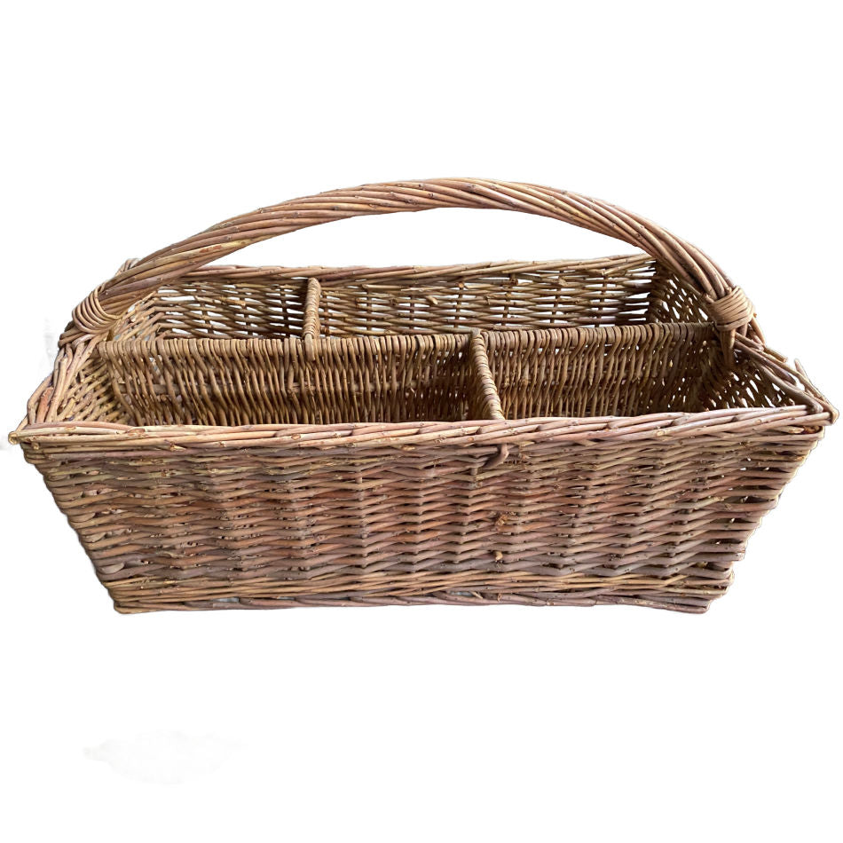 Vintage divided woven basket with multiple compartments, country antique home decor.