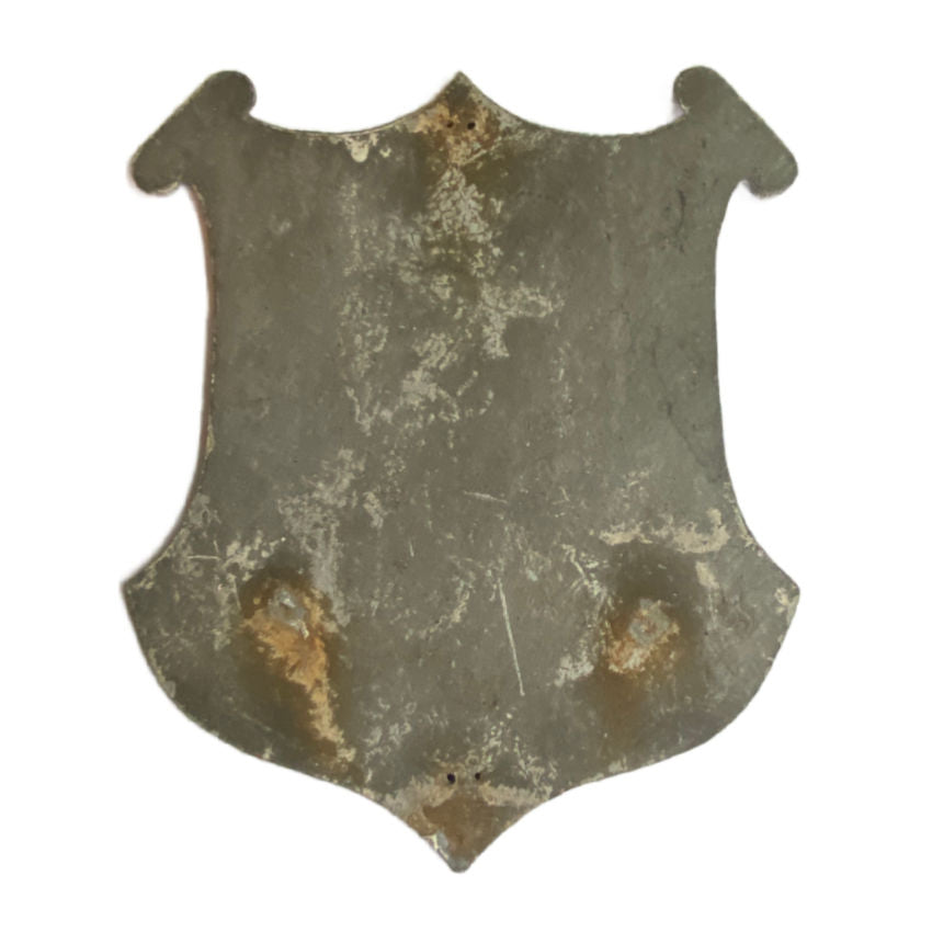 Back view of antique French cast metal cemetery memorial plaque, highlighting thickness and aged finish.
