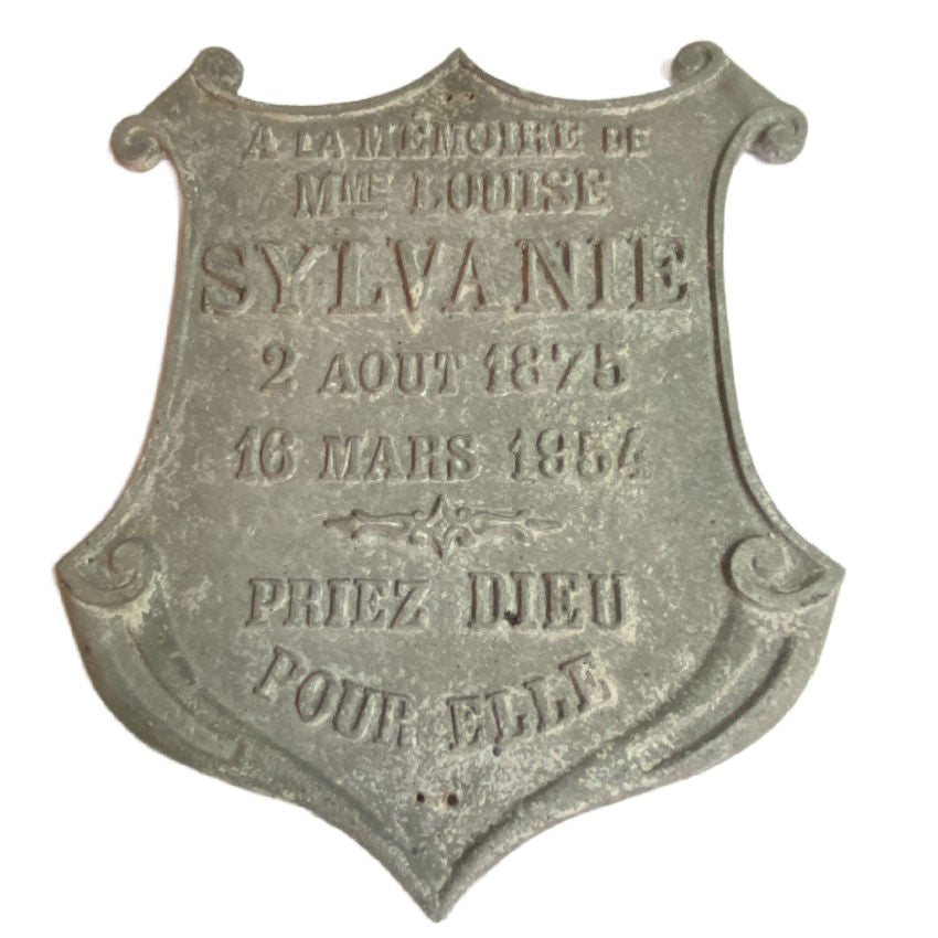 French cast metal cemetery memorial plaque in memoriam Louise Sylvanie, aged grey patina, raised lettering