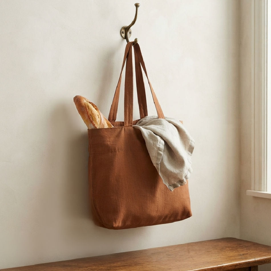 French Country amber bronze linen tote bag hanging from antique wall hook
