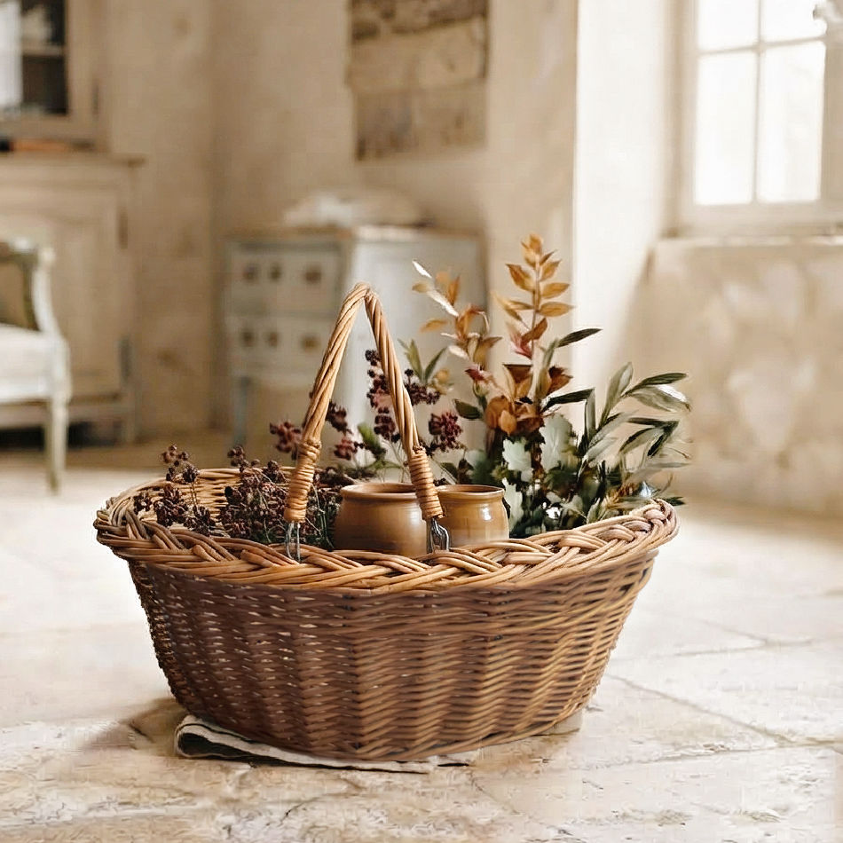 French willow market basket with swing handles styled with leafy branches, French pottery, and a linen towel in a French country interior.