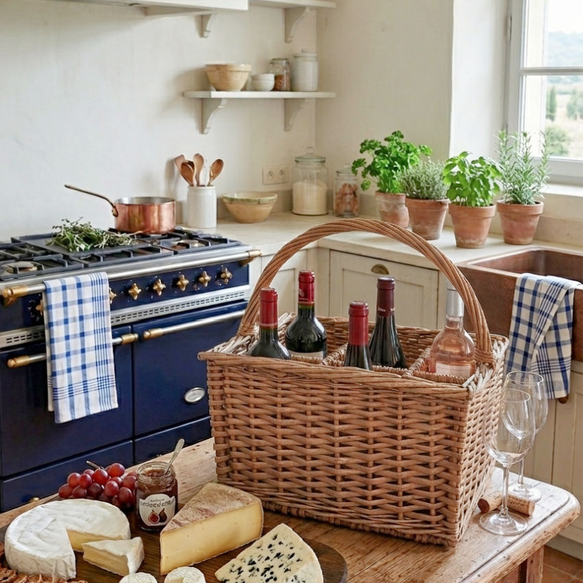 french country vineyard basket holding wine bottles in warm natural light