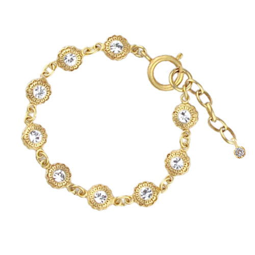 Elegant French floral bracelet with sparkling round crystals, crafted from antique molds. Parisian artisan design exudes timeless romance and refinement.