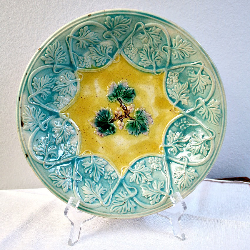 Antique Majolica Bowl with Three Leaves