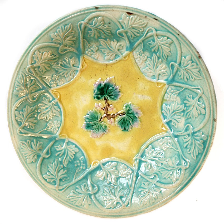 Antique Majolica Bowl with Three Leaves