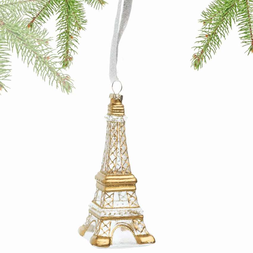 French Glass Eiffel Tower Ornament with hand painted gold accents