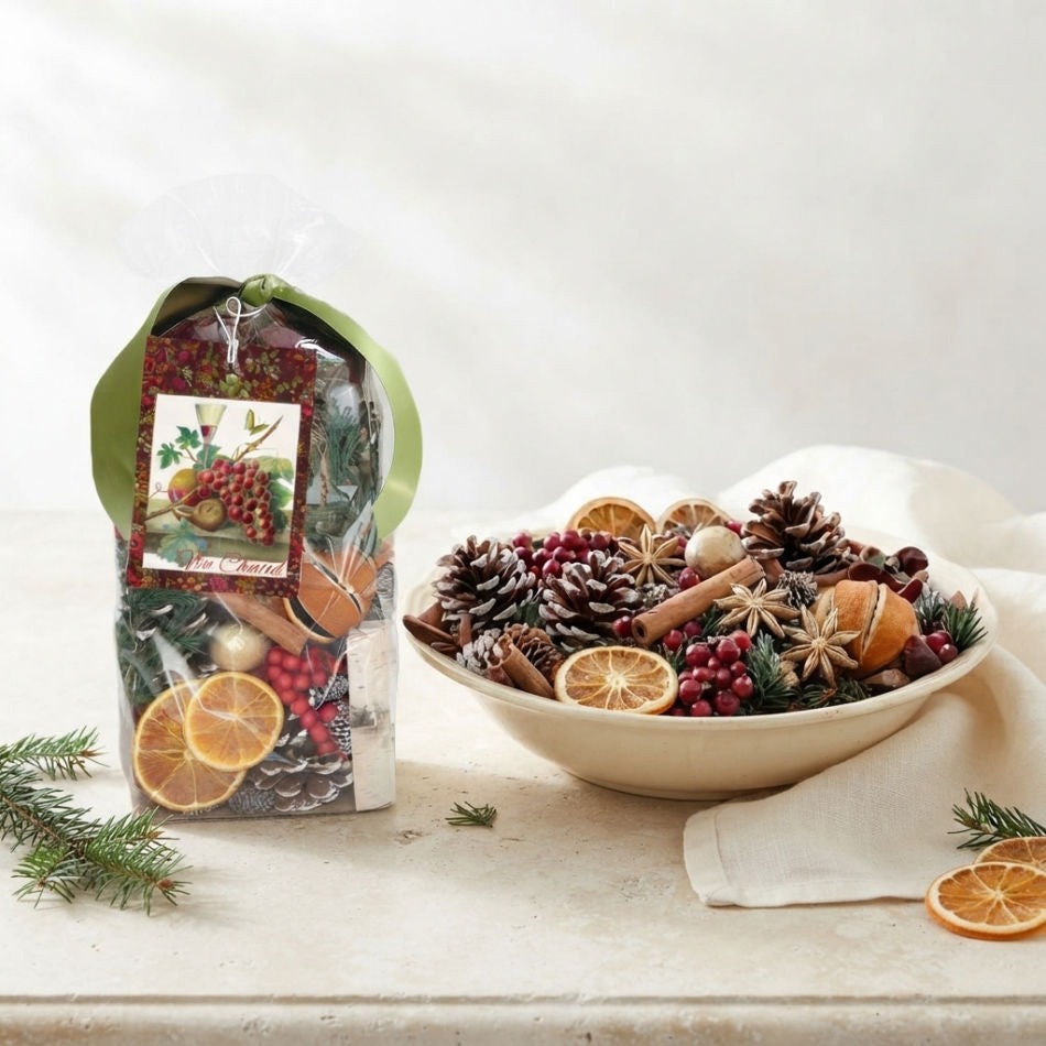 FrenchGardenHouse Warm Winter Potpourri Bordeaux mulled wine in bowl on French antique marble table