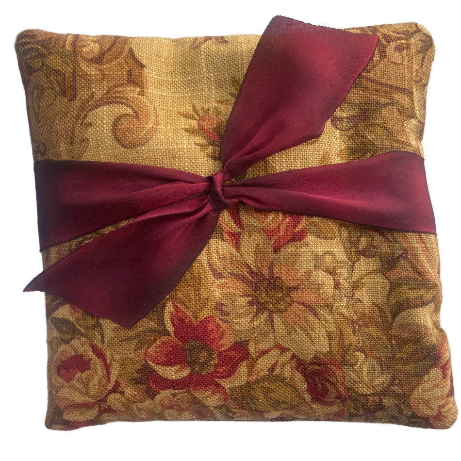 French lavender sachet pillow with central autumn rose bouquet