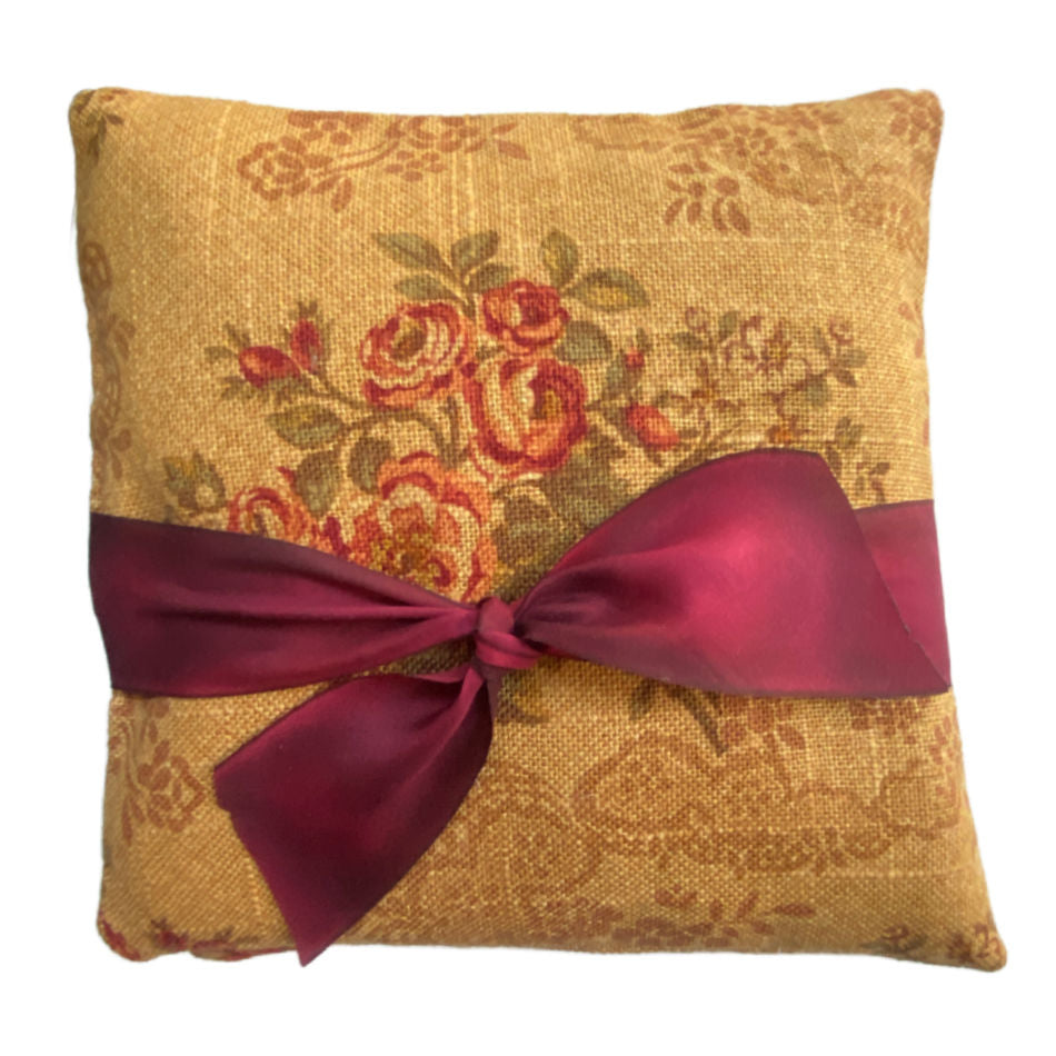 French lavender sachet by Parisian Atelier with organic French lavender, floral linen in autumn hues with rose bouquet, merlot silk ribbon tie
