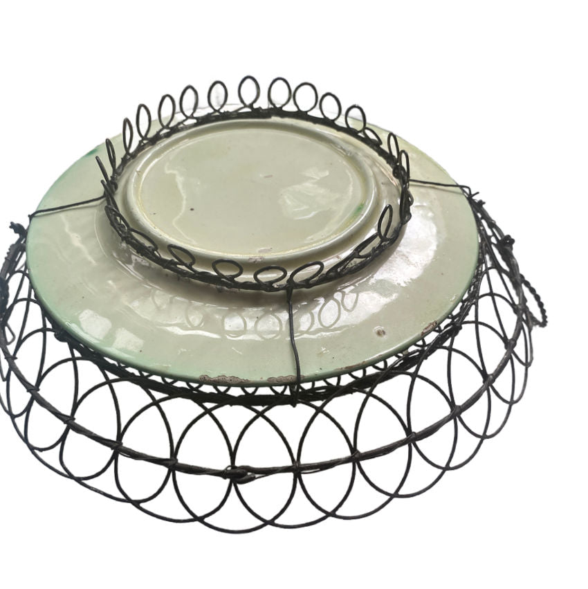 antique French wire basket ceramic plate inset