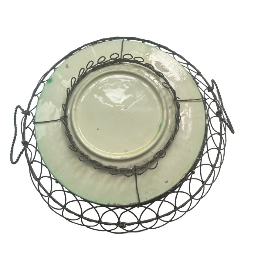 Antique French Country Majolica Wire Basket with Heart Handles