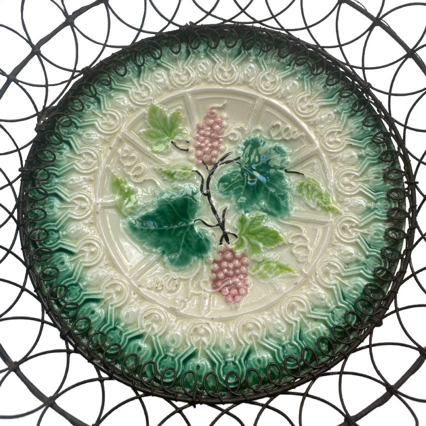 Antique French Country Majolica Wire Basket with Heart Handles