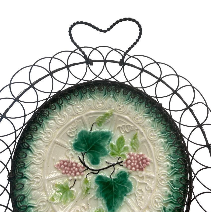 Antique French Country Majolica Wire Basket with Heart Handles