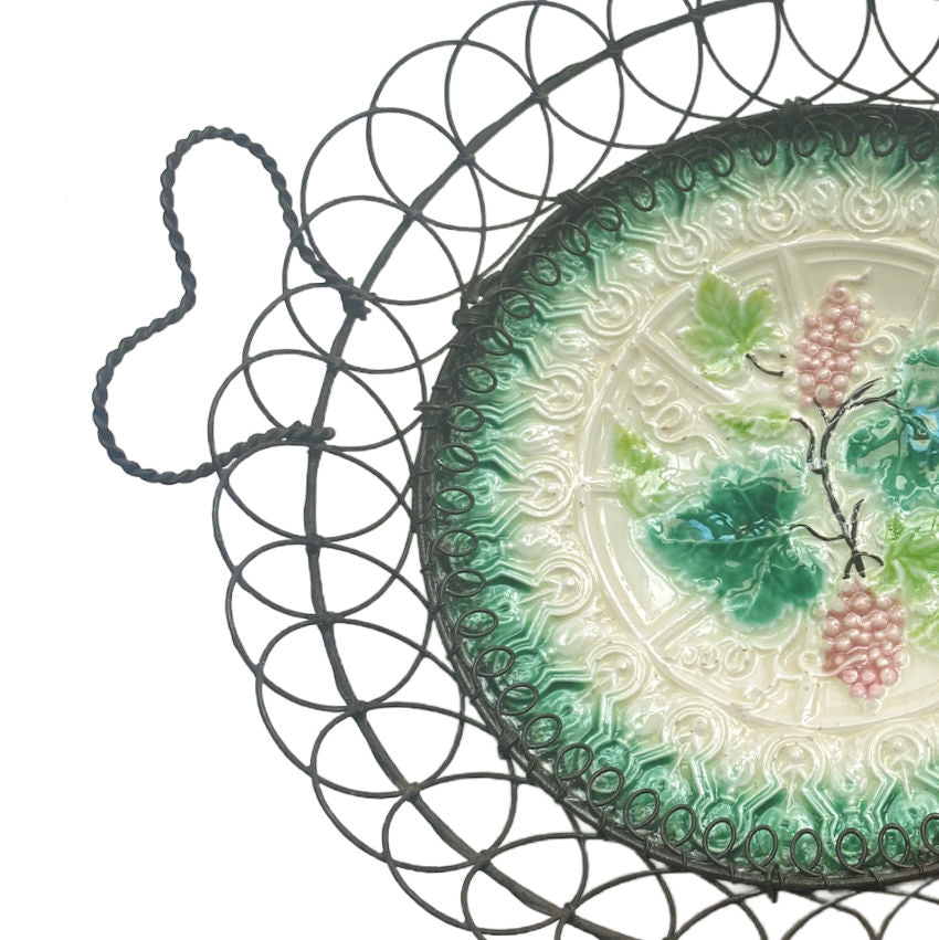 19th century French woven wire fruit basket detail on majolica plate