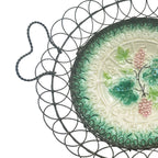 19th century French woven wire fruit basket detail on majolica plate