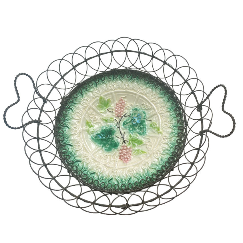 Antique French Country Majolica Wire Basket with Heart Handles