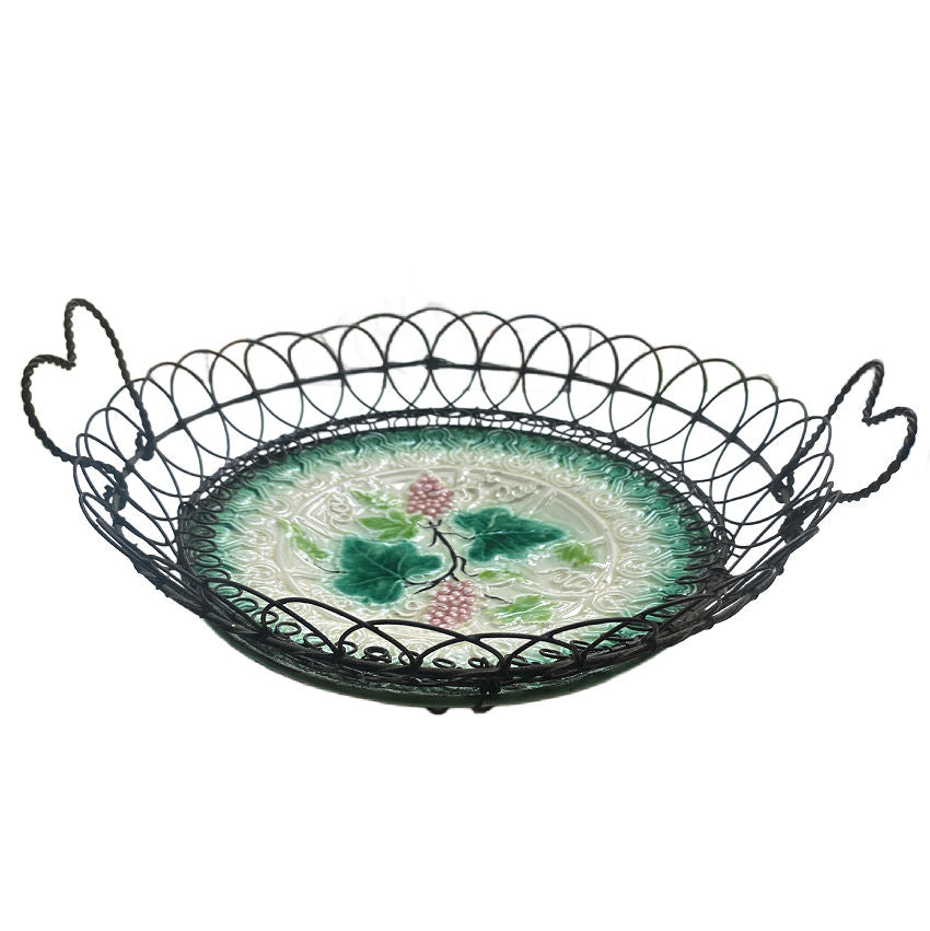 Antique French majolica  plate with wire work