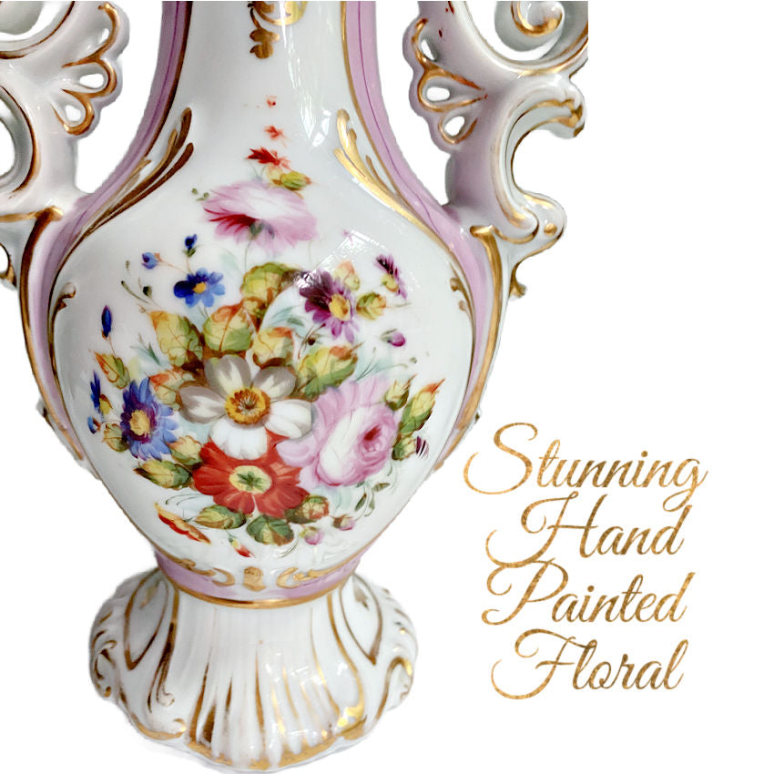 Close up of Antique Vieux Paris porcelain vase with hand-painted pink roses, 19th century French decorative vase standing 10¾ inches tall.