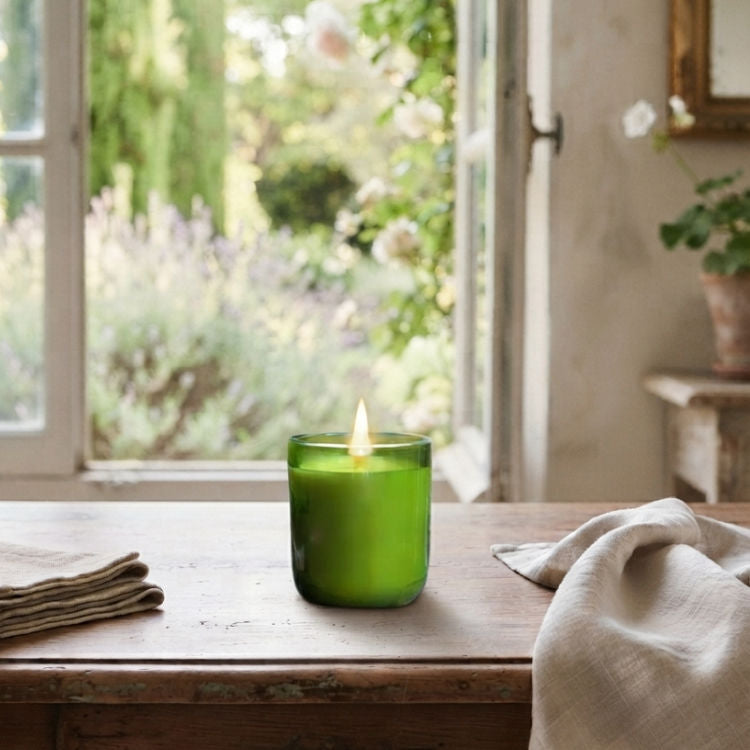 FrenchGardenHouse candle glowing beside an open window overlooking a lush garden in an elegant French country home