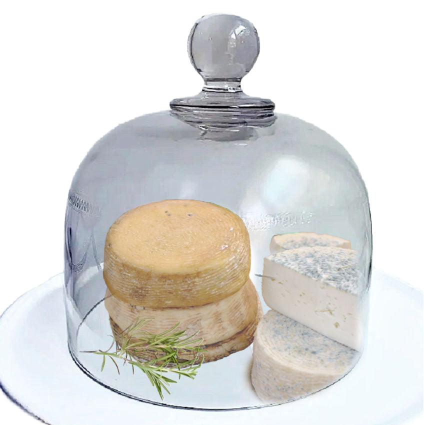 French glass cheese dome displayed with cheeses and antique china for French Country entertaining