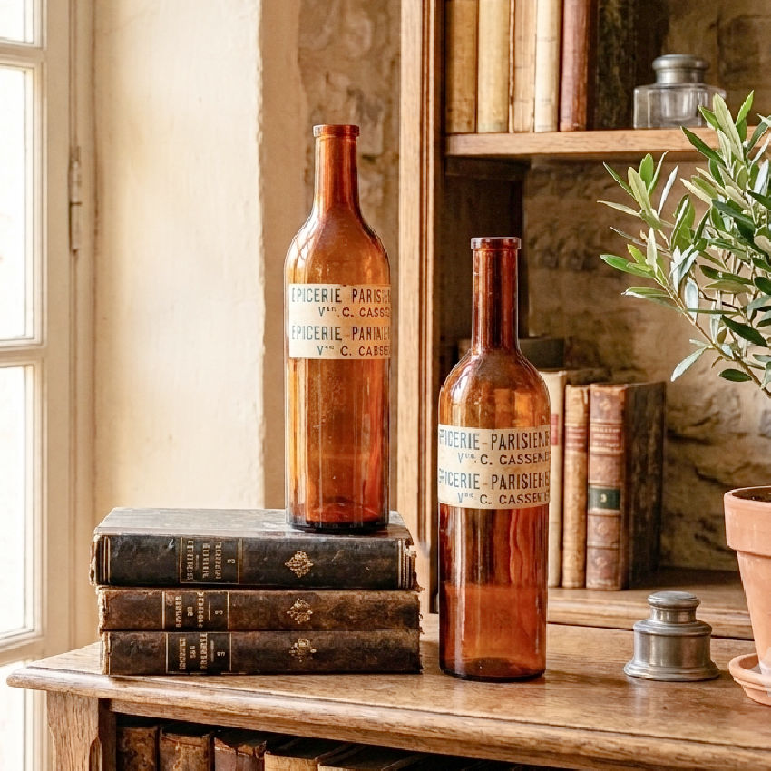 Decorative antique French bottles bringing warmth and character to a collected home interior