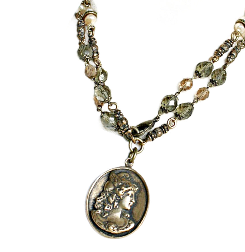 French Apolline Green Olivine and Pearl Pendant Necklace