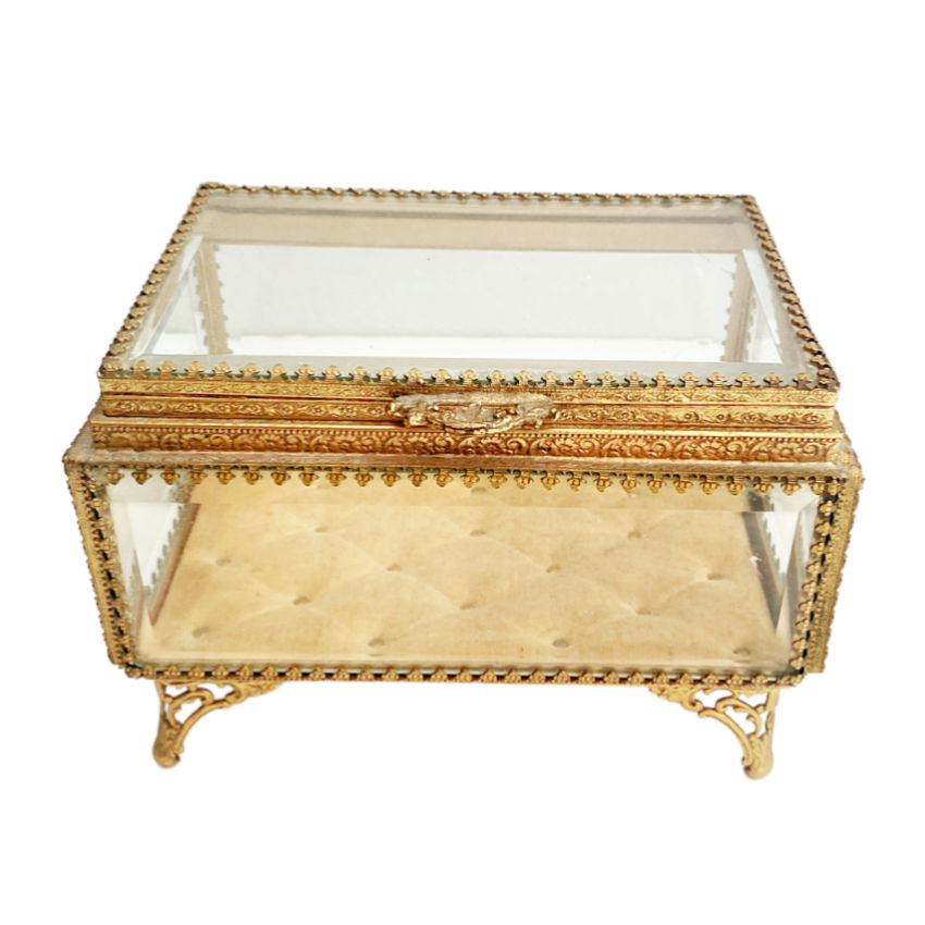 Large Antique French Ormolu Beveled Glass Jewelry Casket or Dresser Box

