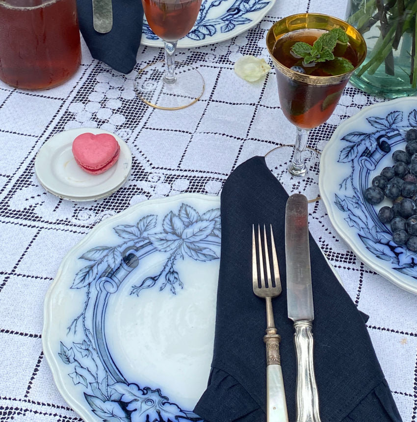 Navy Blue Linen Royal Crest Ruffled Napkin