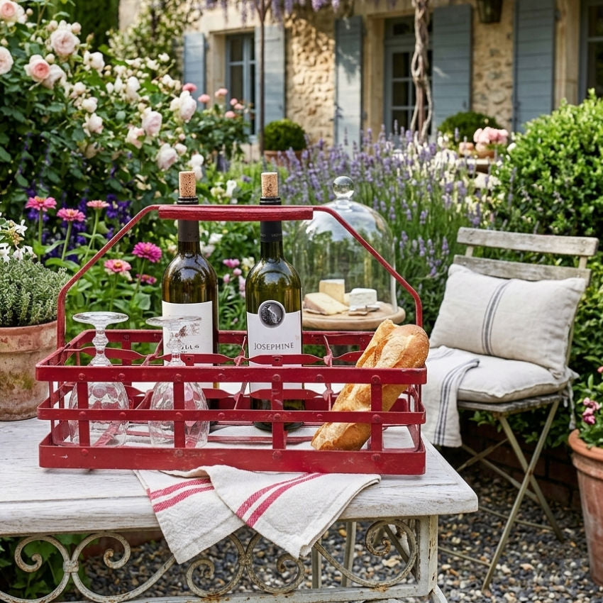 Antique style French country red wine rack for 8 bottles decorative storage piece with bottles and bread, lavender bundle